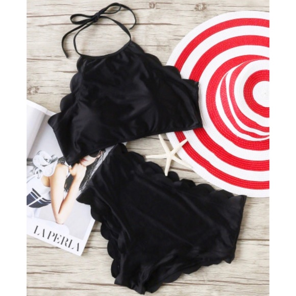 Other - Scalloped Trim Halter High Waist Bikini Set